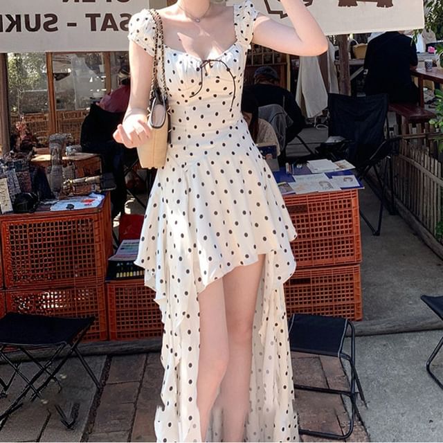 Everose-Puff-Sleeve Polka Dot Asymmetrical Ruffle Trim Open Back A-Line Dress