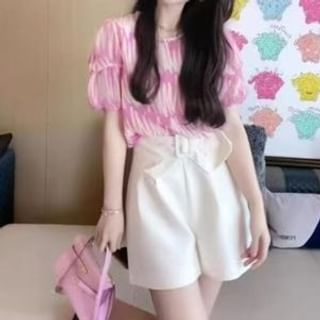 Everose-Puff-Sleeve Round Neck Tie Dye Blouse