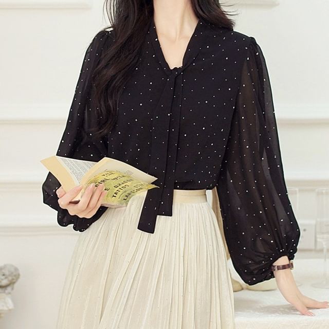 Everose-Puff-Sleeve Tie-Neck Dotted Blouse