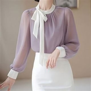 Everose-Puff-Sleeve Tie-Neck Plain Blouse