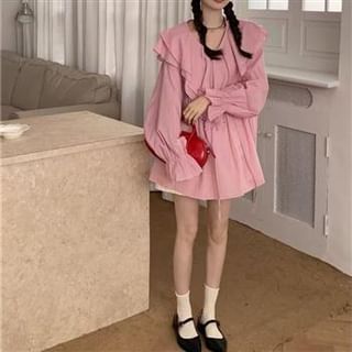 Everose-Puff-Sleeve V-Neck Plain Ruffled Blouse