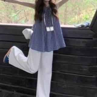 Everose-Round Neck Gingham Tie Front Flowy Tank Top