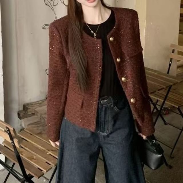 Everose-Round Neck Plaid Single-Breasted Jacket