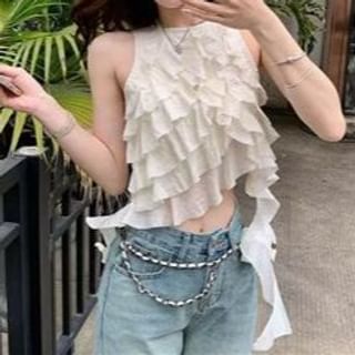 Everose-Round Neck Plain Asymmetrical Ruffle Crop Tank Top