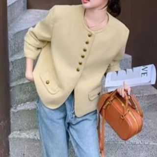 Everose-Round Neck Plain Button Jacket