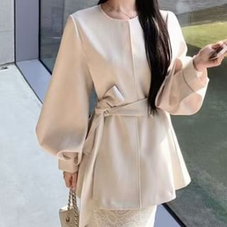 Everose-Round Neck Plain Sashed Coat