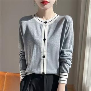 Everose-Round Neck Striped Cardigan
