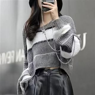 Everose-Round Neck Striped Crop Sweater