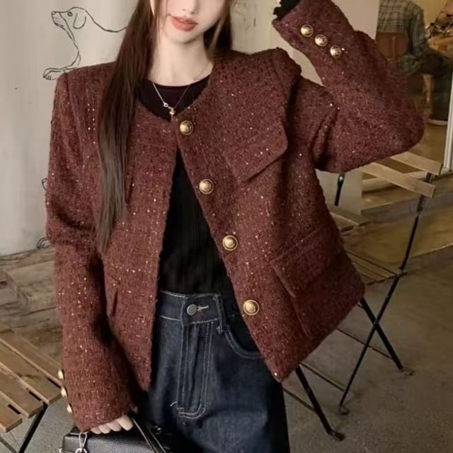 Everose-Round Neck Tweed Button Up Jacket