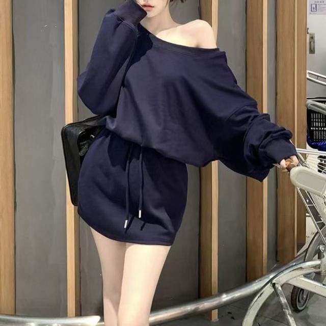 Everose-Set Asymmetrical Neck Off-Shoulder Plain Sweatshirt Drawstring Waist Mini Pencil Skirt