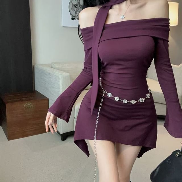 Everose-Set Long-Sleeve Off-Shoulder Plain Asymmetrical Mini A-Line Dress Skinny Scarf