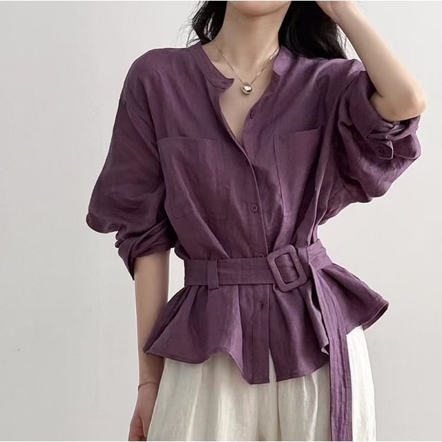 Everose-Set Long-Sleeve Stand Collar Button-Up Plain Blouse Belt