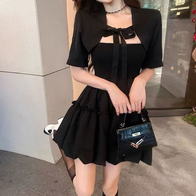 Everose-Set Spaghetti Strap Plain Tiered Bubble Hem Mini A-Line Dress Short-Sleeve Tie Front Bolero Jacket