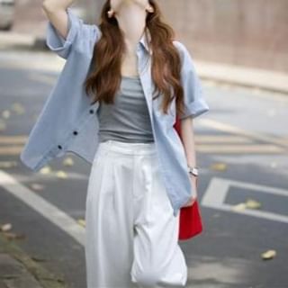 Everose-Short Sleeve Collared Plain Shirt