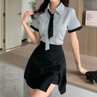 Everose-Short-Sleeve Contrast Trim Button-Up Shirt