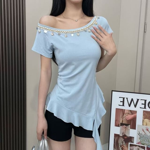 Everose-Short-Sleeve Crew Neck Sequined T-Shirt