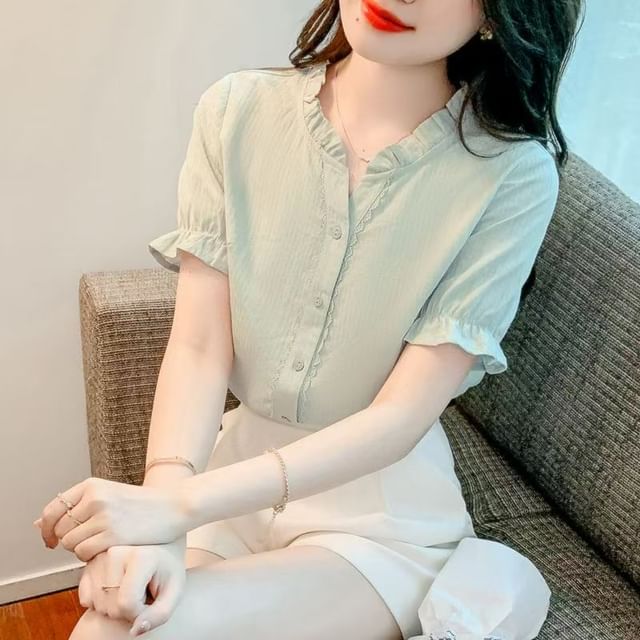 Everose-Short-Sleeve Frill Trim Plain Chiffon Blouse