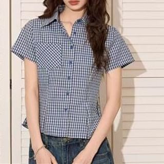 Everose-Short-Sleeve Gingham Button-Up Shirt