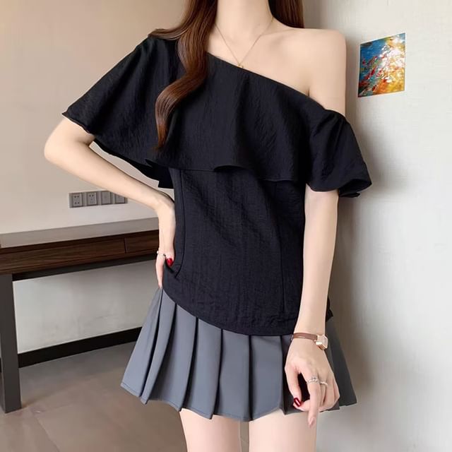 Everose-Short-Sleeve Off Shoulder Ruffle Plain Blouse