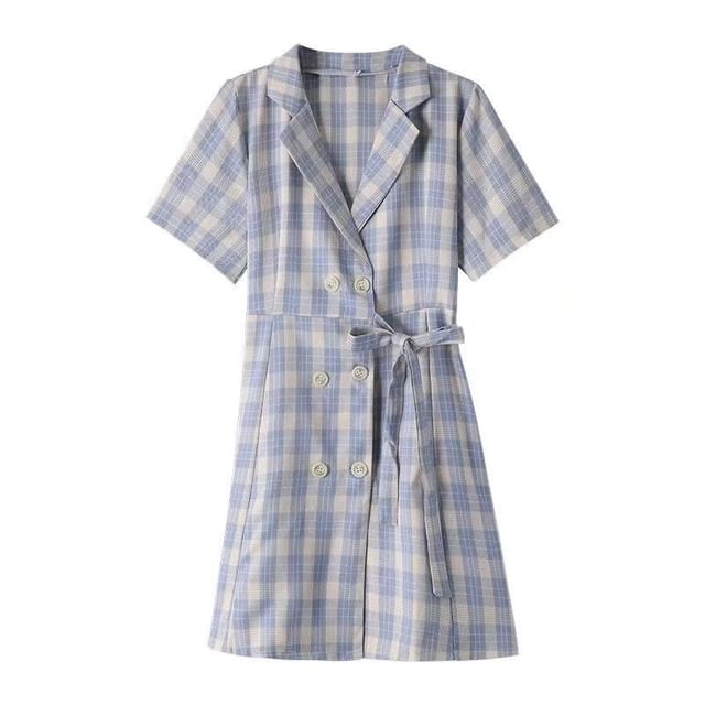 Everose-Short-Sleeve Plaid Sashed A-Line Dress