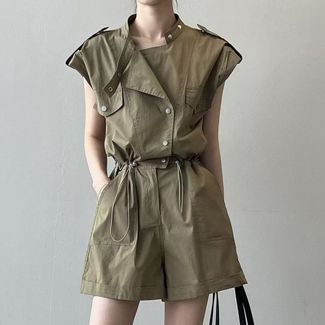 Everose-Short-Sleeve Plain Drawstring Romper