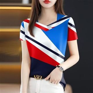 Everose-Short-Sleeve V-Neck Color Block Tee
