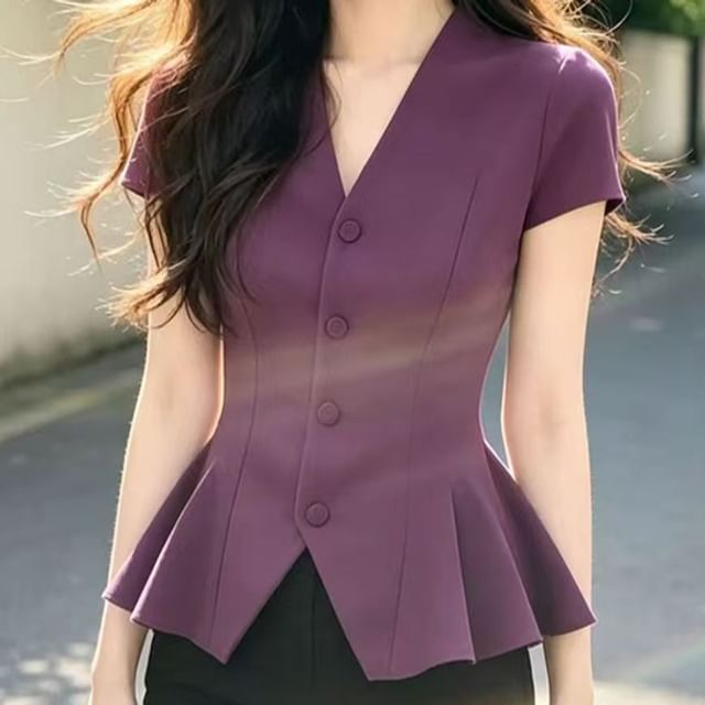 Everose-Short-Sleeve V-Neck Plain Button Up Blouse