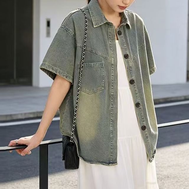 Everose-Short-Sleeve Washed Denim Shirt