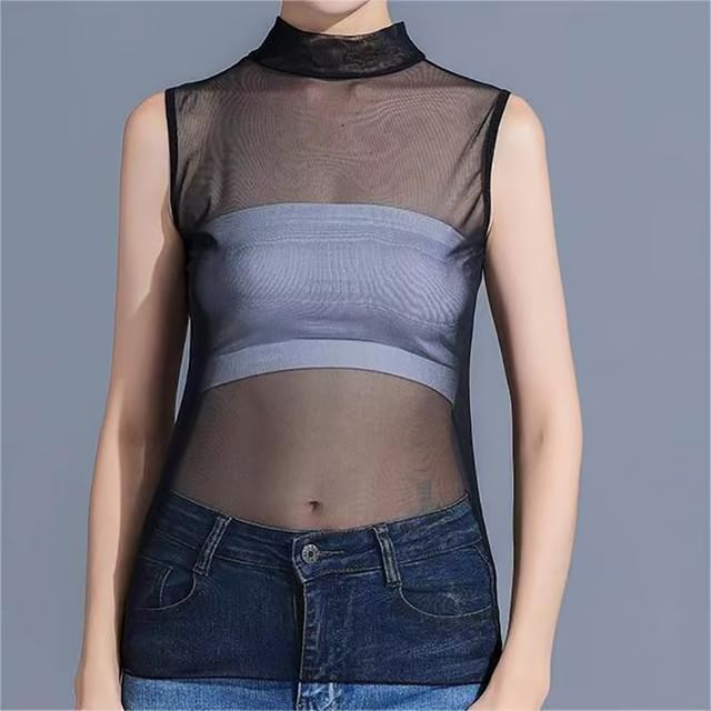 Everose-Sleeveless Mock Neck Plain Sheer Top