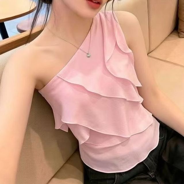 Everose-Sleeveless One Shoulder Plain Ruffle Top