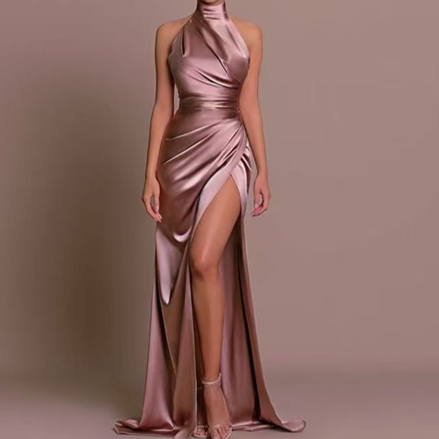 Everose-Sleeveless Turtleneck Plain A-Line Evening Gown