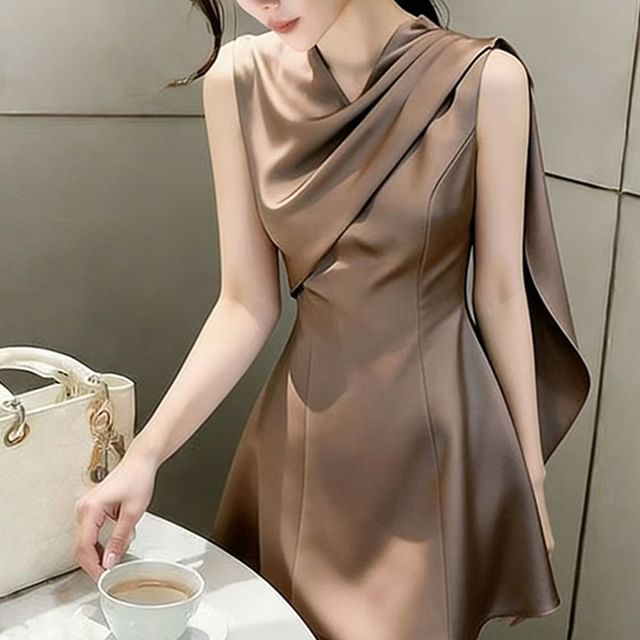 Everose-Sleeveless V-Neck Plain A-Line Dress