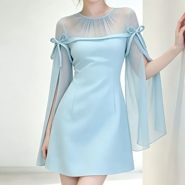 Everose-Slit Sleeve Mesh Panel Mini A-Line Dress