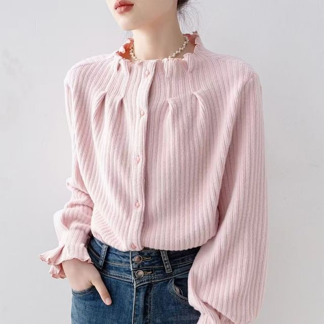 Everose-Stand Collar Button-Up Plain Cardigan