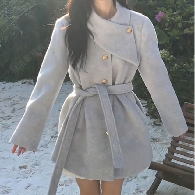 Everose-Stand Collar Melange Sashed Double-Breasted Coat