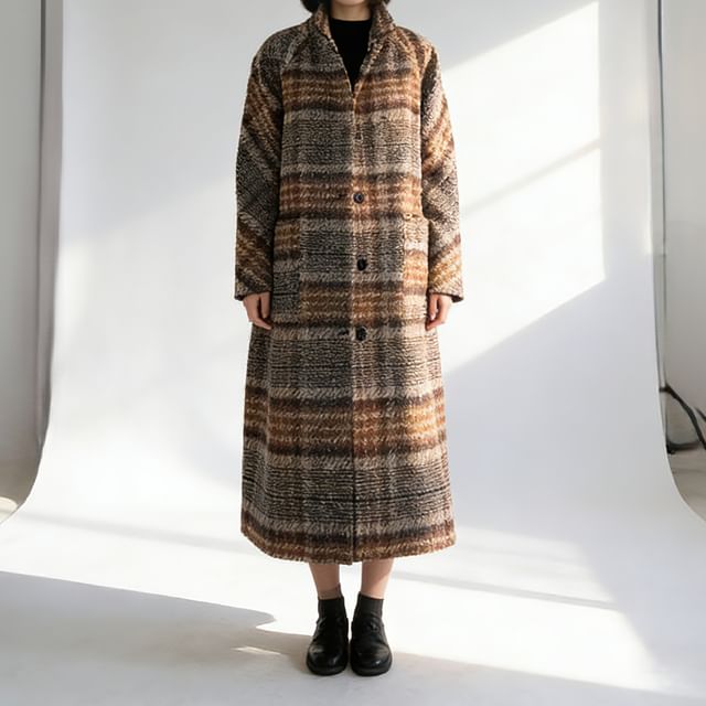 Everose-Stand Collar Plaid Button-Up Long Coat