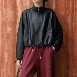 Everose-Stand Collar Plain Drawstring Hem Faux Leather Zip Jacket