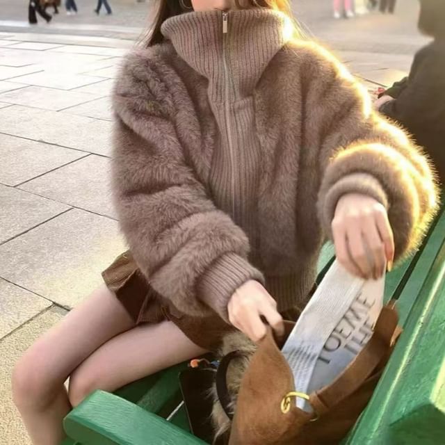 Everose-Stand Collar Plain Fluffy Zip Cardigan