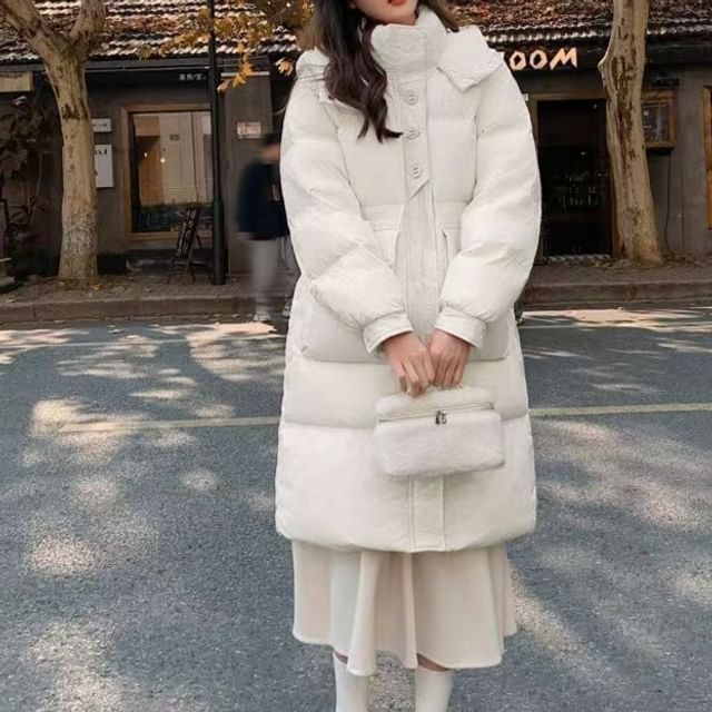 Everose-Stand Collar Plain Hood Midi Puffer Coat