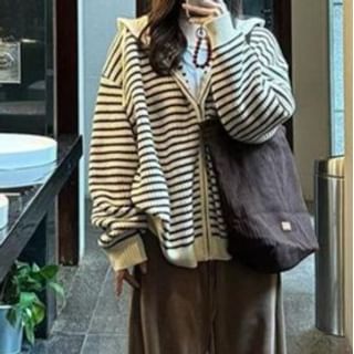 Everose-Striped Drawstring Hooded Zip Cardigan