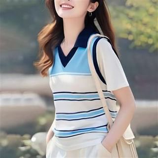 Everose-Striped Polo-Neck Knit Sweater Vest