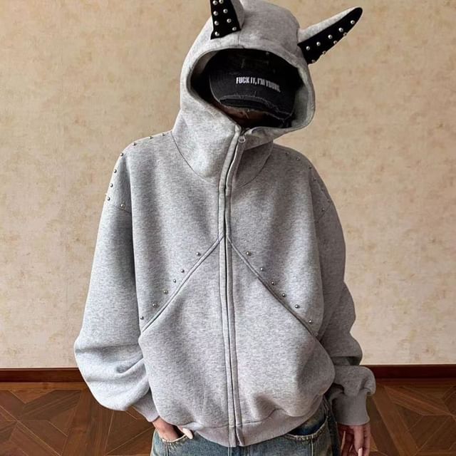 Everose-Studded Horn Zip-Up Hoodie