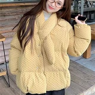 Everose-Tie-Neck Dotted Single-Breasted Puffer Jacket