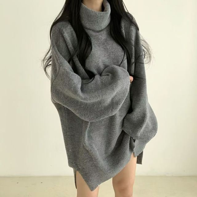 Everose-Turtleneck Plain Oversized Sweater