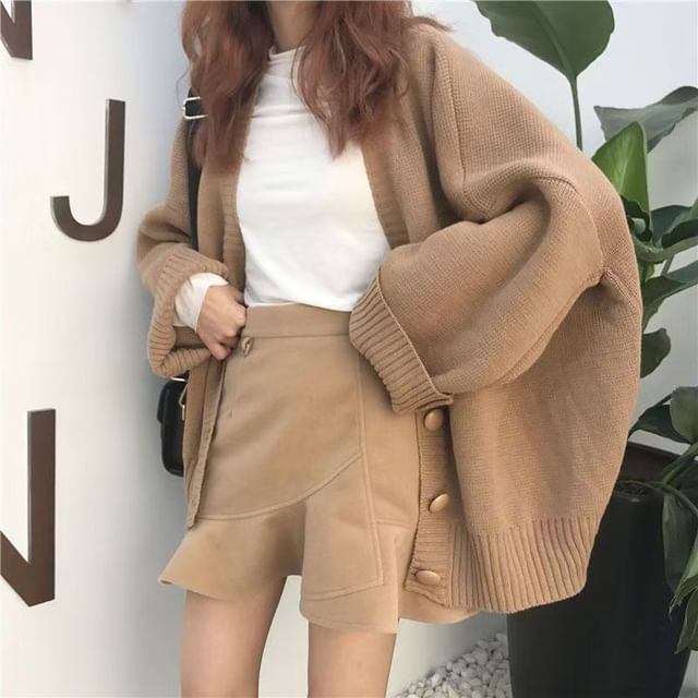 Everose-V-Neck Plain Cardigan