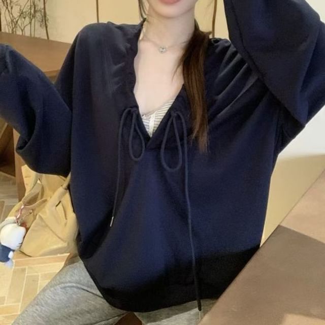 Everose-V-Neck Plain Drawstring Hoodie