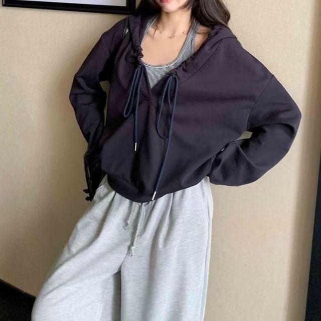 Everose-V-Neck Plain Drawstring Hoodie