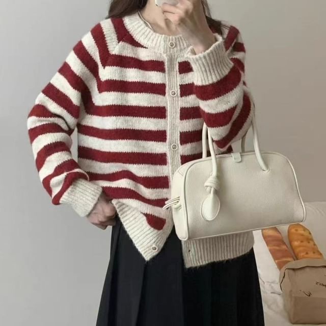 Fabricino-Crew Neck Striped Button-Up Cardigan