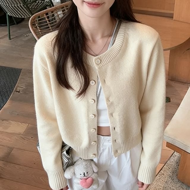 Fabricino-Round Neck Plain Button Up Cardigan