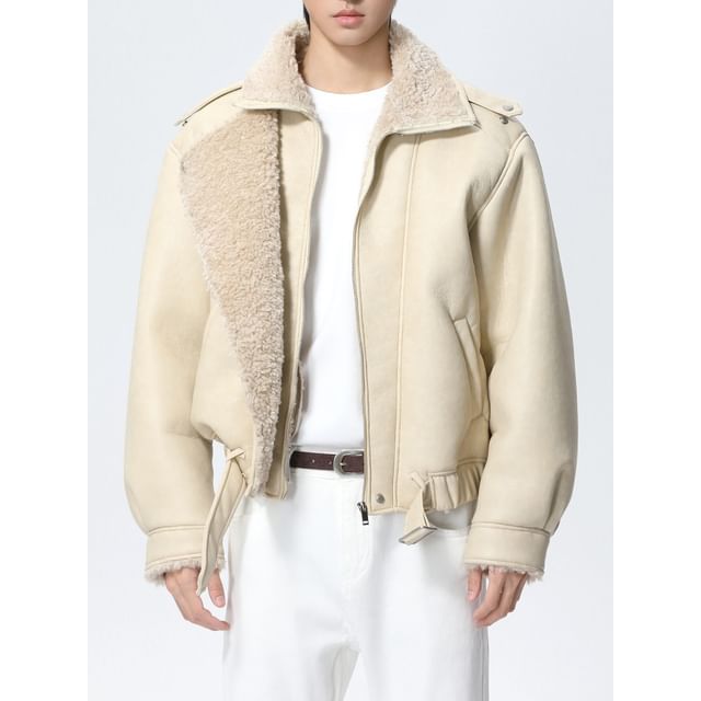 FAERIS-Collar Fleece-Lined Faux Leather Zip Biker Jacket